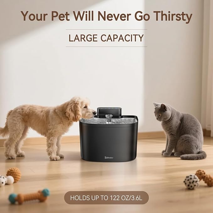 Cat Water Fountain, 122oz/3.6L Pumpless Cat Fountain, Cordless Water Fountains for Cats Indoor, Dog Pet Water Fountain Battery Operated with Stainless Steel Tray (Black, Fountain+8 Fliters)