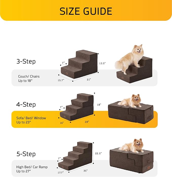 Dog Stairs for Bed, Dog Steps for Bed Couch Sofa, 35D Foam Pet Steps for Small Dogs and Cats, Extra Wide Pet Stairs with Non-Slip Bottom Brown, 3 Steps