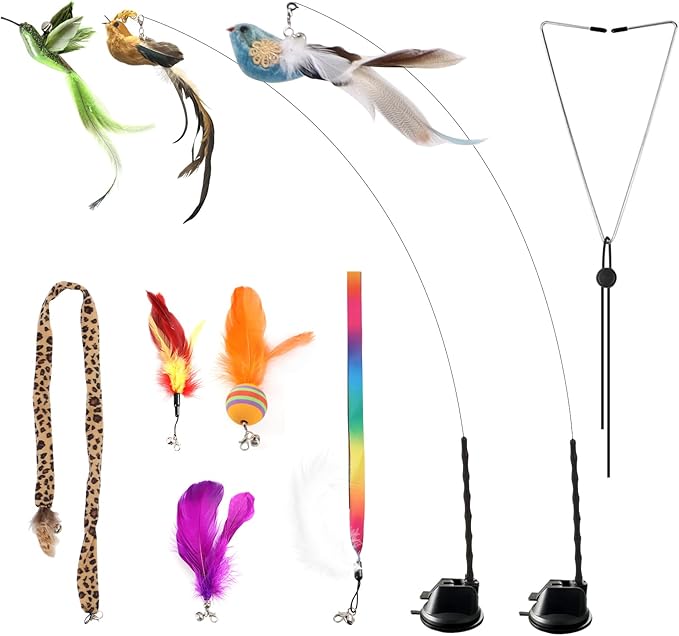 Interactive Cat Toys for Bored Indoor Adult Cats Suction Cup Cat Toy Bird Simulation Feather Toys