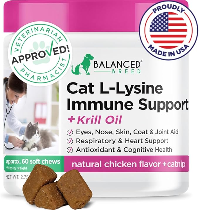 Balanced Breed L-Lysine Cats Immune Support Soft Chews Made in USA Vet-Pharmacist Approved Seasonal Allergy Relief Cat Vitamins Indoor Cats Supplements Krill Oil Asthma Relief Cat Lysine Treats NonGMO