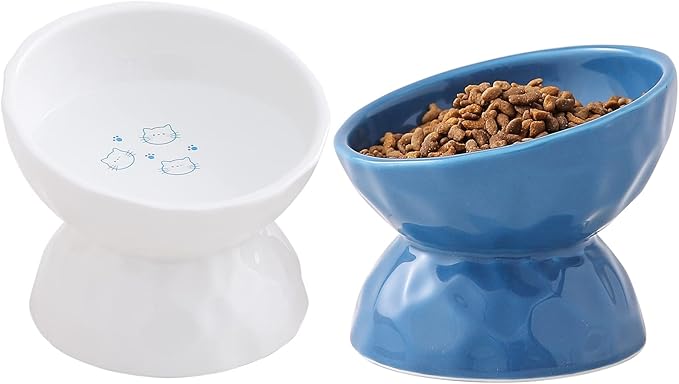 AOMRYOM Raised Cat Food Bowl, Ceramic Elevated Tilted Cat Bowls, Pet Bowl Dish Set for Cats and Small Dogs, Protect Cat's Spine, White & Blue, Set of 2, Dishwasher and Microwave Safe