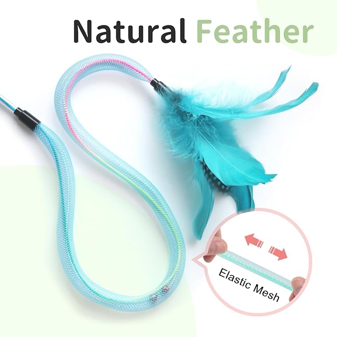 SONGWAY Cat Rainbow Wand Toy - Rainbow Cat Feather Toys with Bells, Colorful Mesh Teaser Wand with Feather Tail, Interactive Toys for Indoor Cats Kittens, Light Color