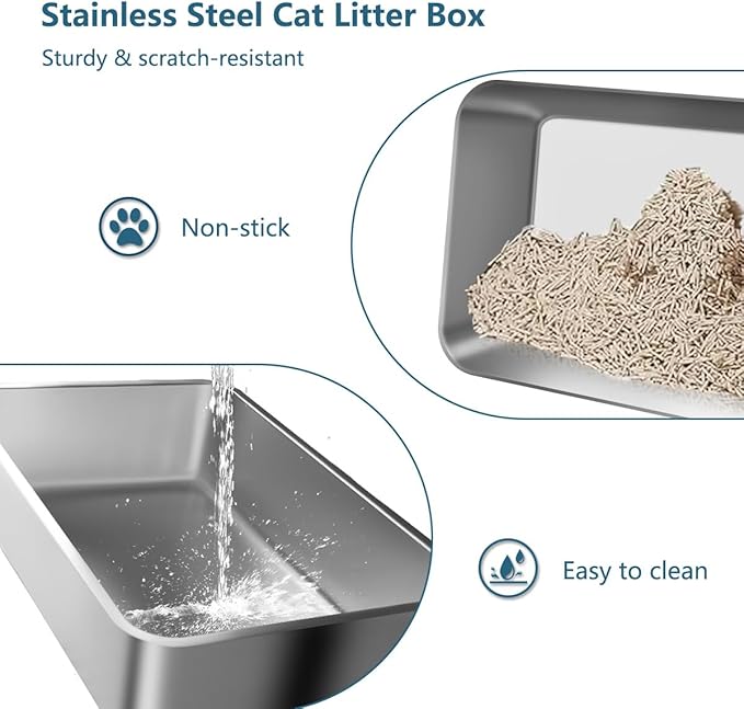 Large Stainless Steel Cat Litter Box,Kitty Litter Box with Lid,XL Jumbo Enclosed High Sided Cat Litter Pan Boxes for Indoor Cats,Scoop with Holder,Non-Sticky Never Absorbs Odors