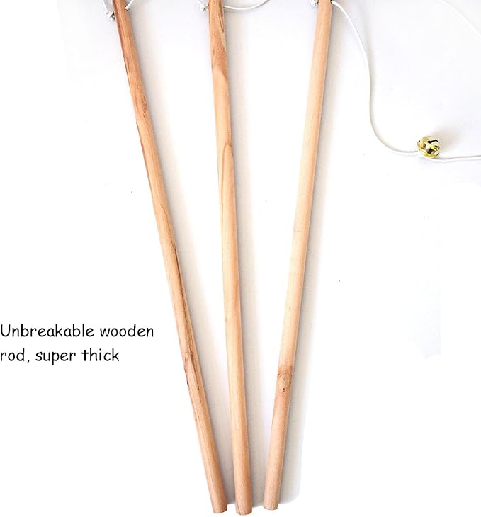 Cat Wand Toy, 3 PCS Natural Wooden Handle Teaser Wand Cute Interactive Kitten Wand Fun Kitty Toy, Unbreakable Kitten Stick for Indoor Cats
