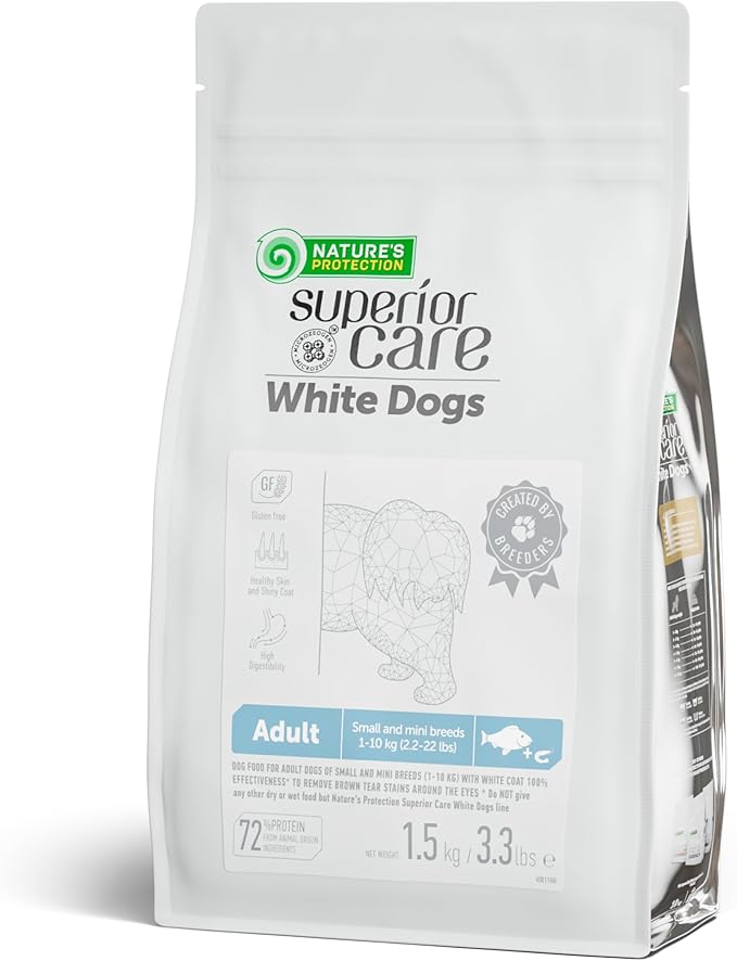Nature's Protection Superior Care White Dogs Grain-Free Dry Dog Food - High Protein, Tear Stain Dog Food for Small & Mini Breeds Light Coated Adult Dogs, Fresh Pet Meal, White Fish, 3.3 lb