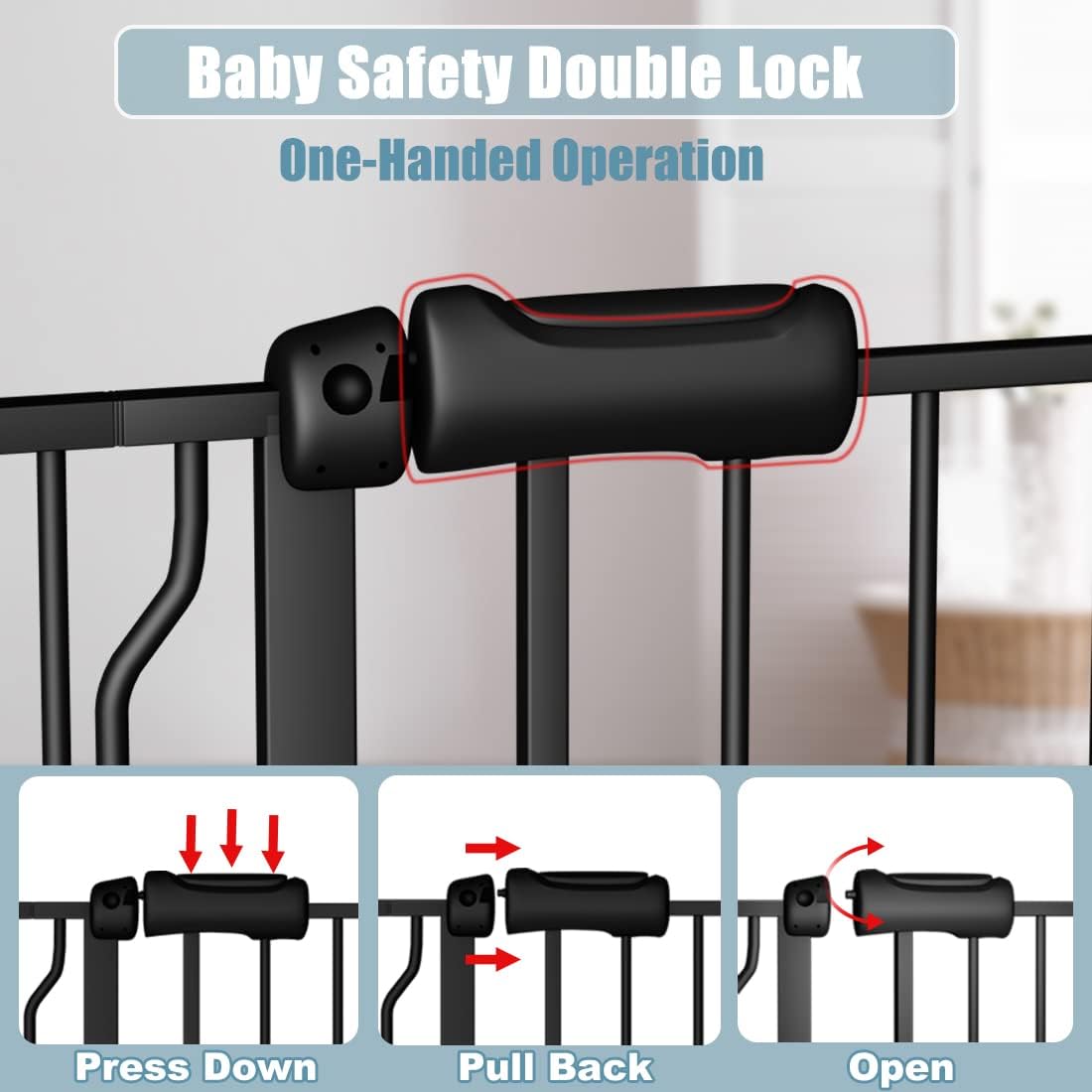 Extra Wide Baby Gate Black 53-57.5 Inch Wide Walk Through Pressure Mounted No Drill Long and Large Tension Metal Gate for Dog and Toddler