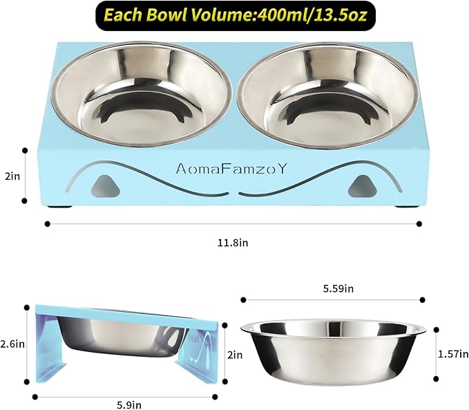 2 Pack Cat Food Bowls - Indoor Set with Metal Stand,5° Tilted Anti Vomiting Wide Raised Pet Dish, Cute Elevated Cat Feeding Station for Food Water, 4 Stainless Steel Bowls for Kitten, Puppy,Blue