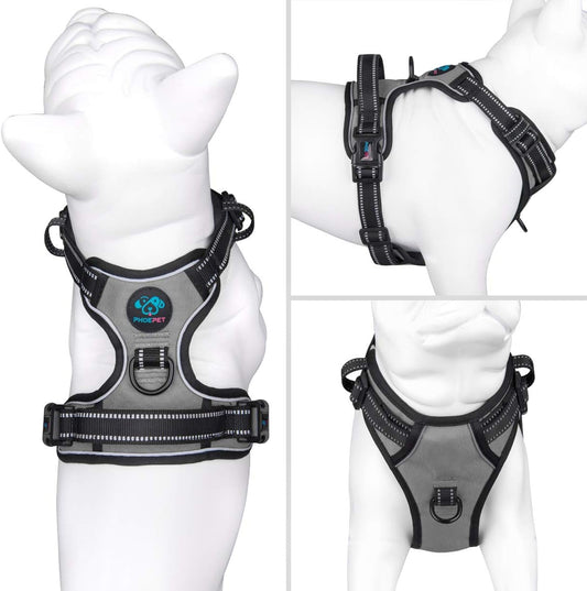 PHOEPET No Pull Dog Harness Medium Reflective Front Clip Vest with Handle, Adjustable 2 Metal Rings 2 Buckles(M, Grey)