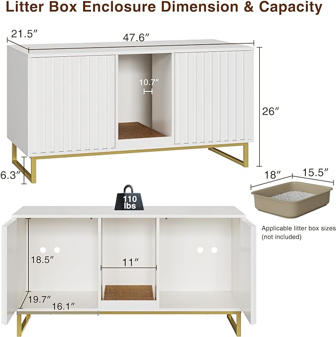 Cat Litter Box Enclosure for 2 Cats, 47.6’’ Litter Box Furniture Hidden with Scratch Pad, Double Room Large Cat Cabinet, Indoor Pet House TV Stand Side Table,Cats Washroom, White