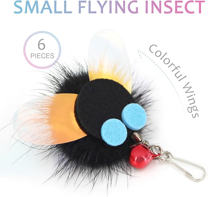 SONGWAY Cat Toy Wand Refills - 6 PCS Insect Shaped Furry Cat Toys Replacement, Interactive Cat Toys for Indoor Cat Kitten