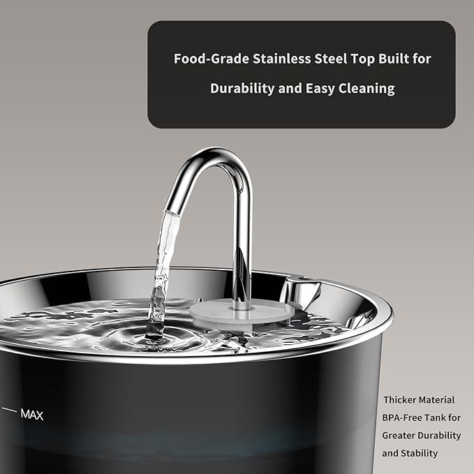 Cat Water Fountain Stainless Steel Lid, 3L/101oz Pet Water Fountain, Dog Waterer with Quiet Pump and 4-Layer Filtration for Cats and Dogs