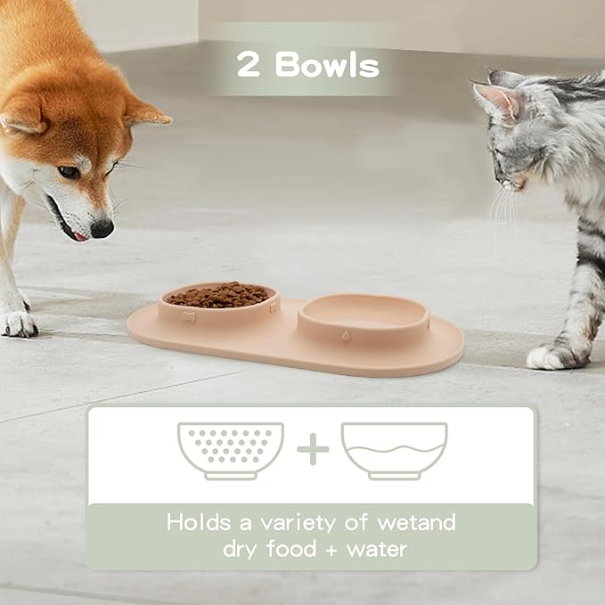 Dog Food Bowls Pet Bowls & Dog Water Bowls with No-Spill and Non-Skid, Feeder Bowls with Dog Bowl Mat for Small Medium Large Size Dogs Cats Puppy Pets, Dog Dishes (Khaki)