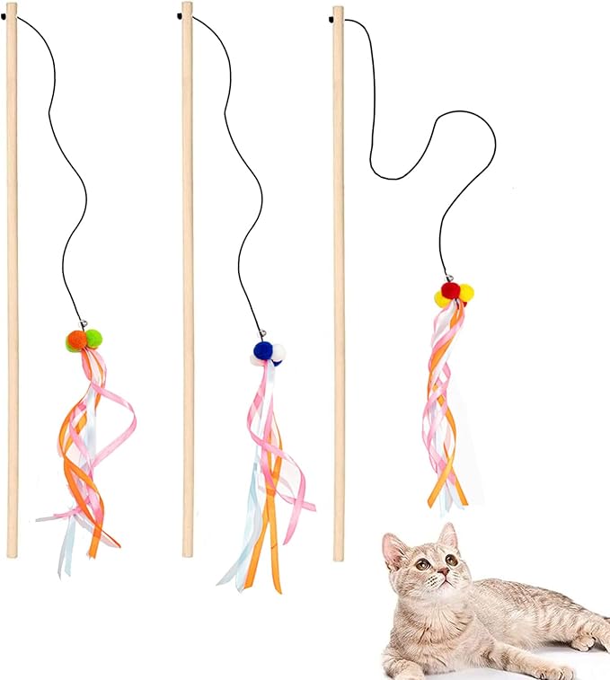 IUHKBH Cat Wand, 3 PCS Interactive Kitten Toys Wooden Handle Kitten Teaser Toys with Bell, Ribbon and Pom Poms Sturdy Cat Sticks