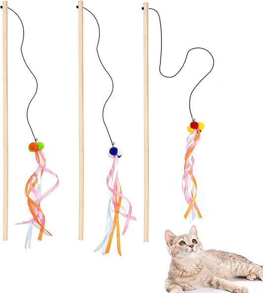 IUHKBH Cat Wand, 3 PCS Interactive Kitten Toys Wooden Handle Kitten Teaser Toys with Bell, Ribbon and Pom Poms Sturdy Cat Sticks