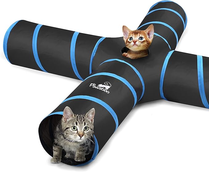 PAWABOO Cat Tunnel, Premium 4 Way Tunnels Extensible Collapsible Cat Play Tunnel Toy Maze Interactive Tube Toy Cat House with Pompon and Bells for Cat Puppy Kitten Rabbit, Black & Light Blue
