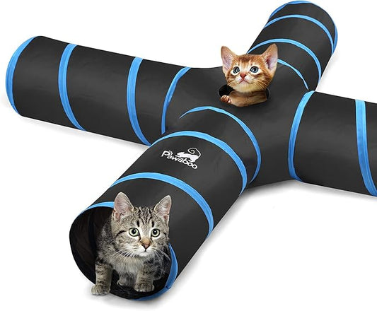 PAWABOO Cat Tunnel, Premium 4 Way Tunnels Extensible Collapsible Cat Play Tunnel Toy Maze Interactive Tube Toy Cat House with Pompon and Bells for Cat Puppy Kitten Rabbit, Black & Light Blue