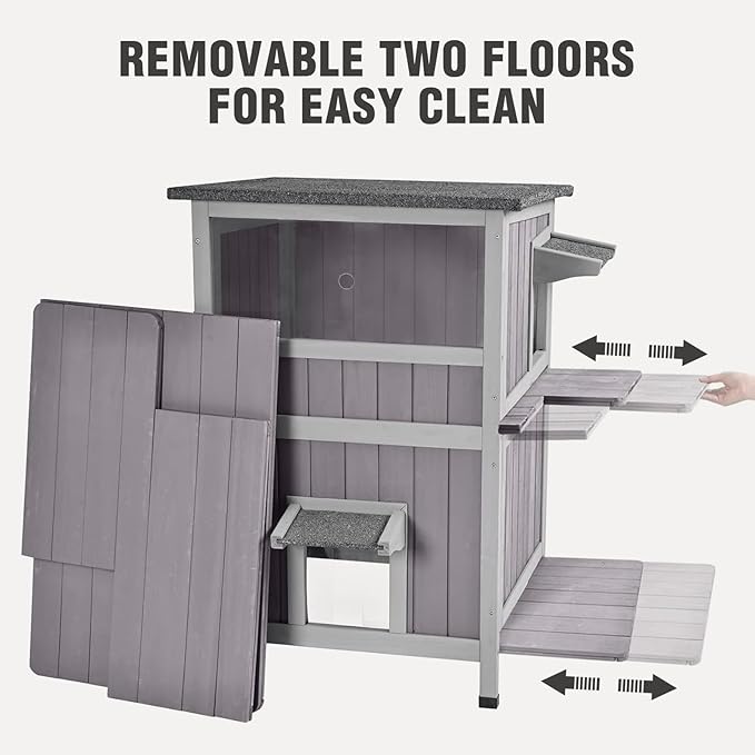 Outdoor Cat House Weatherproof, 2-Storys Feral Cat House with 2 Escape Doors and Window, Stray Cat Shelter with 2 Large Side Doors and Removable Floor