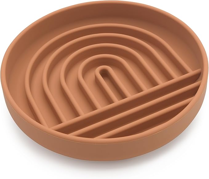 The Slowdown Bowl Silicone Slow Feeder for Cats & Kittens, Slow Eating Mealtime Solution with Lick Modern Mat Design, Reduces Gulping, Fits 1 Cup 6” Across x 1.25” Tall, Small-Terracotta