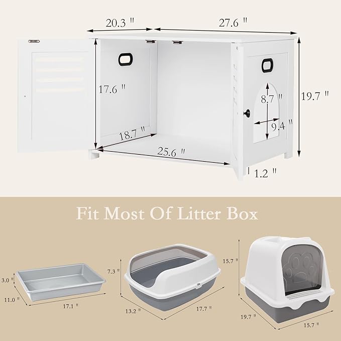 DINZI LVJ Litter Box Enclosure, Cat Litter House with Louvered Doors, Entrance Can Be on Left or Right, Large Hidden Cat Washroom for Most of Litter Box, Furniture Cabinet, White