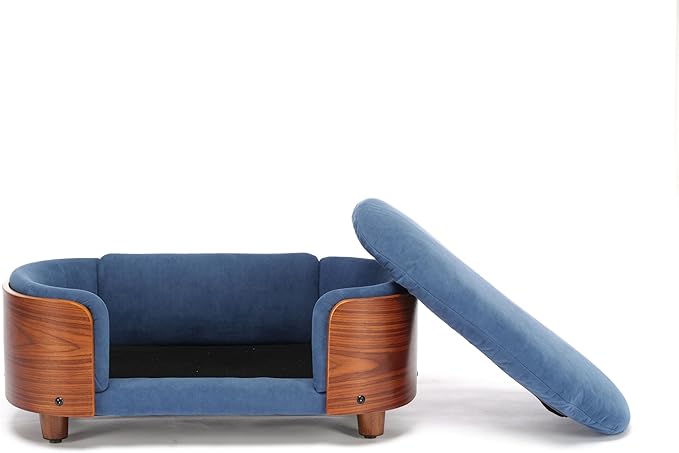 HomSof 26.38" Scandinavian Style Elevated Dog Cat Bed Pet Sofa with Solid Wood Legs and Bent Wood Back with Velvet Cushion,Small Size，Navy+Brown