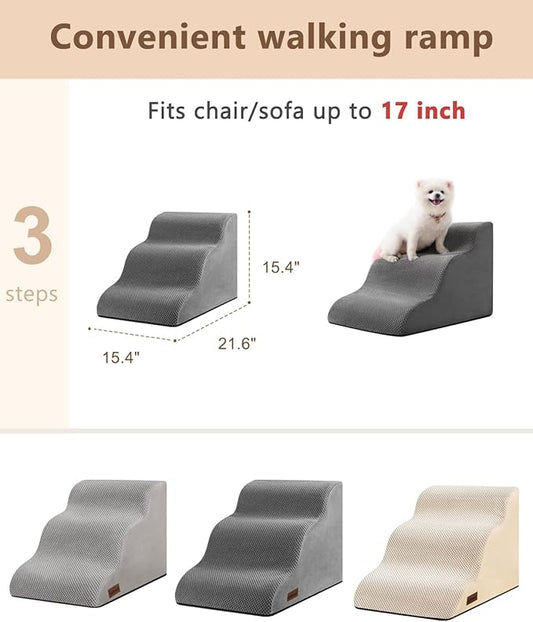 Dog Stairs for Small Dogs,3 Step Dog Ramp for Couch and Bed,Pet Stairs with Non-Slip Bottom for Old Cats,Indoor Pet Steps,Comfort,Durable,15.4" H,Grey