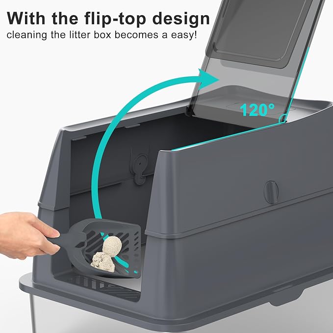 Enclosed Stainless Steel Cat Litter Box with Lid, FILP-Top High Sided Enclosure Metal Litter Boxes with Scoop Set for Big Cats, Non-Sticky, Anti-Leakage, Easy Cleaning,Transparent Grey