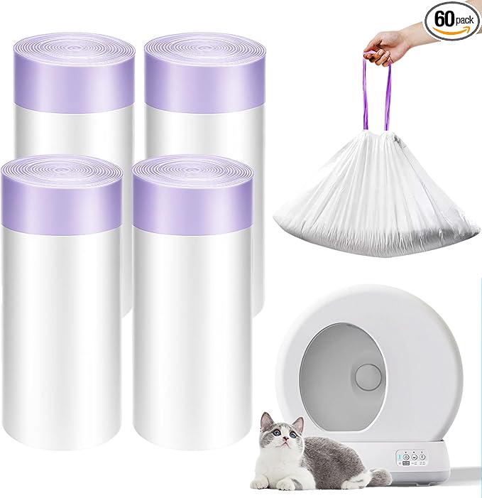 60 Pack Drawstring Cat Litter Box Liners 26" x 16" Heavy Duty Litter Pan Liner Bags with Drawstring Automatic Cat Litter Box Bags Compatible with Litter Robot 3/4
