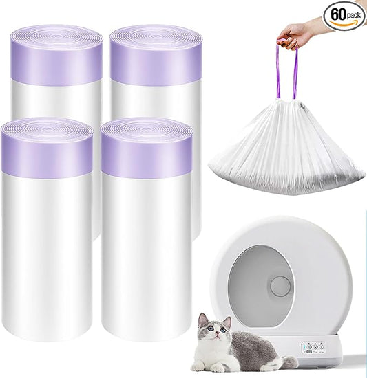 60 Pack Drawstring Cat Litter Box Liners 26" x 16" Heavy Duty Litter Pan Liner Bags with Drawstring Automatic Cat Litter Box Bags Compatible with Litter Robot 3/4