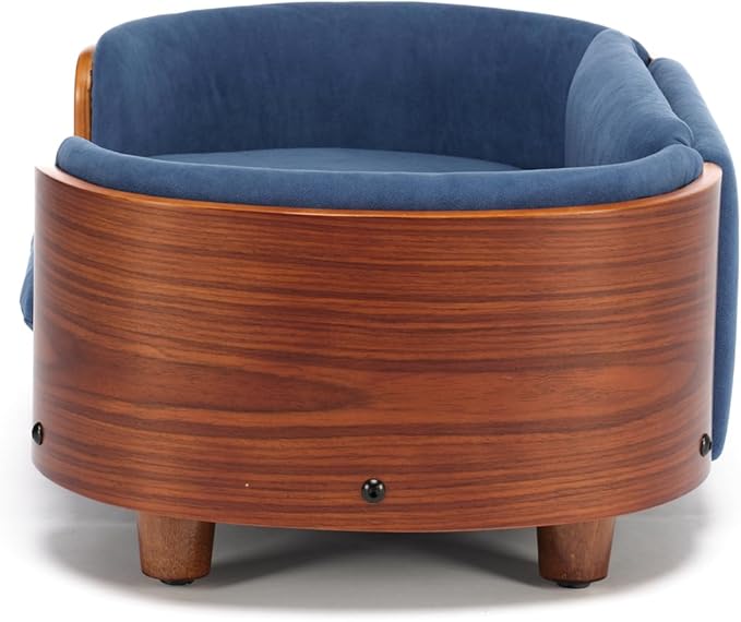 HomSof 26.38" Scandinavian Style Elevated Dog Cat Bed Pet Sofa with Solid Wood Legs and Bent Wood Back with Velvet Cushion,Small Size，Navy+Brown