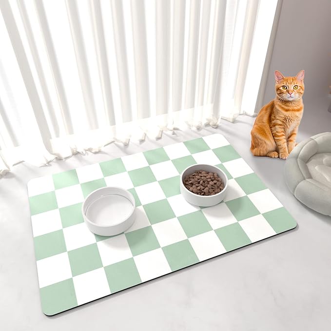 Checkered Dog Cat Feeding Mat, 17'' x 28'' Large Dog Food Mats, Absorbent Pet Feeding Mat for Food and Water Bowl, Dispenser, Checkerboard Pet Placemat with Rubber Backing, Green & White