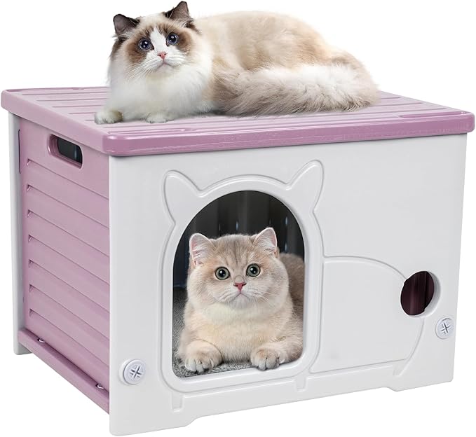 Plastic Cat House for Indoor Outdoor, Weatherproof Outside Cat House for Feral Cat, Stackable Cat Shelter with Plush Cushion (Pink)
