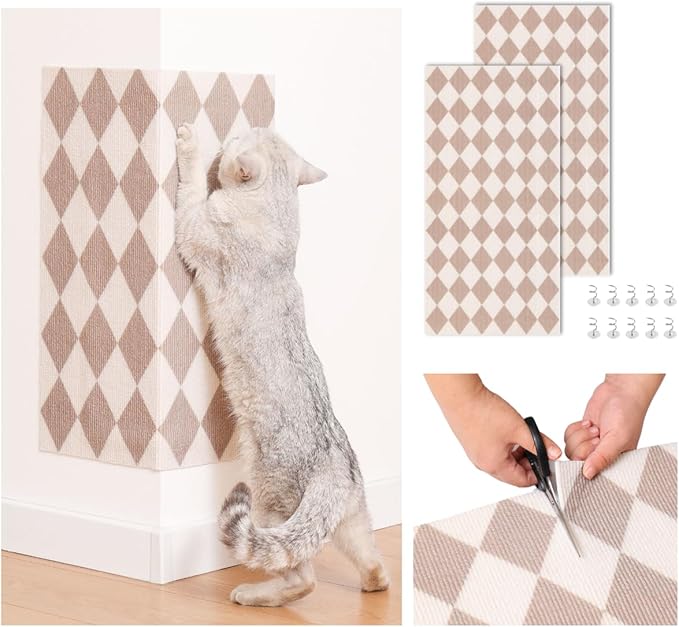 Anti-Scratch Cat Mat, Set of 2 – 39.4” x 15.8” Trimmable Self-Adhesive Upholstery Pads for Furniture, Carpet, Cat Trees, Shelves, Climbing Walls & Couch Protection (Brown Diamond)