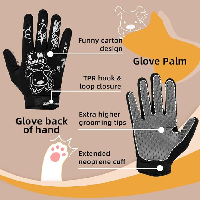 Seibertron Patented P.G.M.G-1 Pet Hair Remover/Deshedding Grooming Gloves Seven Sizes Fit All Works for Dogs, Horses, Cats and Other Animals Short Fur(1-Pair) Adult Black L