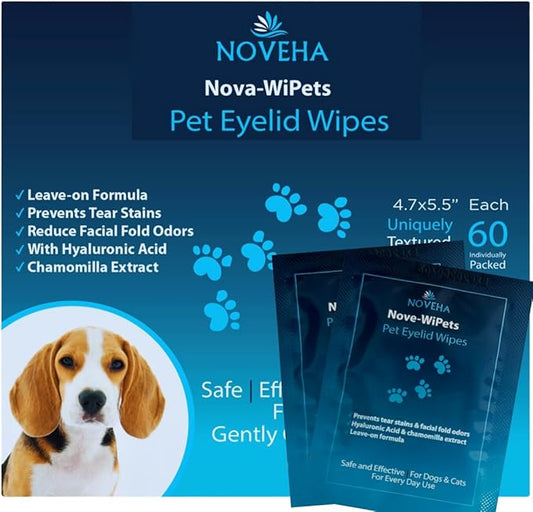 NOVEHA Dog Eye Wipes, Gentle Tear Stain Remover, Eye Hygiene, and Allergy Relief (60 Counts)