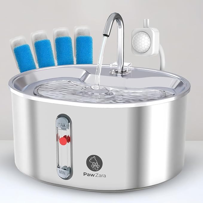 Cat Water Fountain Stainless Steel: 108oz/3.2L Water Fountains for Cats Indoor, Cat Water Fountain, Ultra Quiet, Water Level Window, Dog Water Fountain - 4 Filters - 1 Sensor