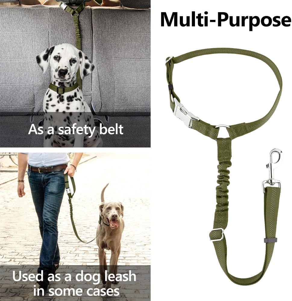 Plutus Pet Dog Seat Belt for Car Headrest, Reflective and Adjustable Restraint with Elastic Bungee for Safety, Vehicle Seatbelt Harness for Small Medium Large Dogs and Cats, Ranger Green