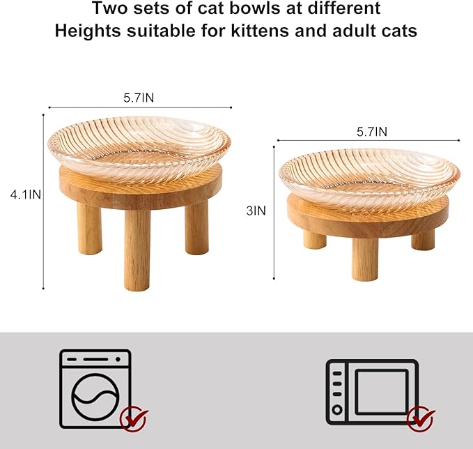 Cat Bowls Whisker Friendly with Wooden Stands. Raised Elevated Glass Whisker Fatigue Cat Bowl for Indoor Cats. 2PCS (Amber)