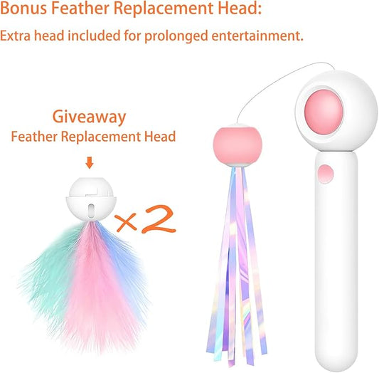 Interactive Cat Toys — Semi-Automatic Retractable Wand Toy and 2 Extra Feather Toy Refills, for Indoor Cats to Chase, Play, and Exercise