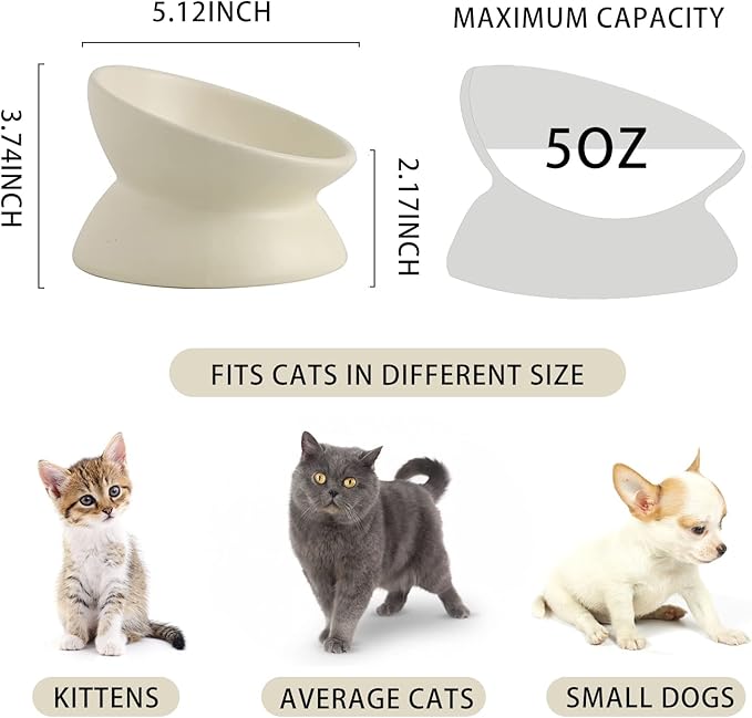 Ceramic Raised Cat Bowl, Cat Food Bowls Elevated Tilted, Ceramic Pet Bowl Whisker Friendly, Anti Vomit & Reduce Neck Burden for Food and Water (Cream-White)