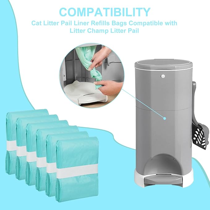 6 Count Cat Litter Pail Liner Refills - Bags Compatible with Litter Champ Pail, Green, Lightly Scented