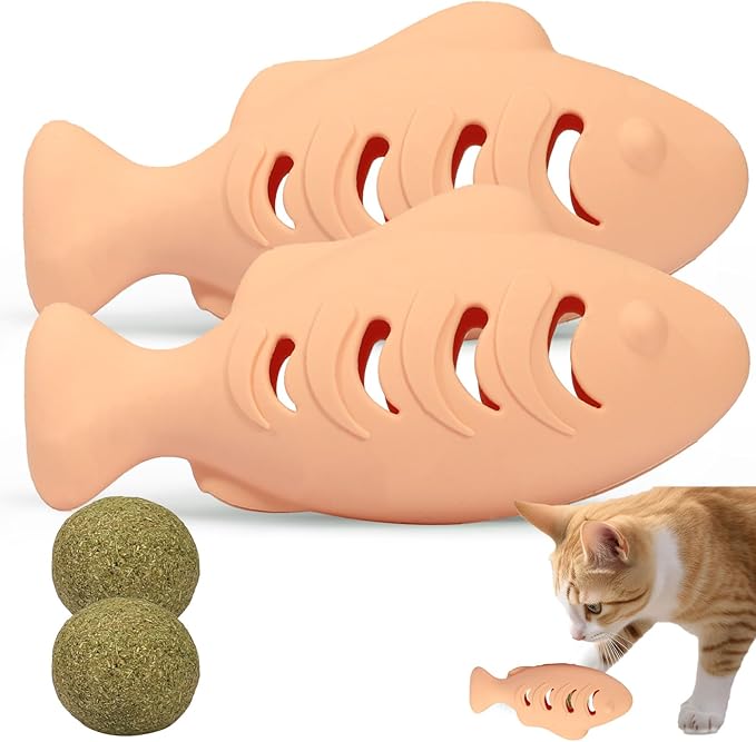 Cat Toys for Indoor Cats, Fish Shape Chew Catnip Toys for Teeth Clean, Food Grade Silicone Cat Enrichment Toy, Interactive Kitten Teething Toys with 1 Cat Nip Ball, Orange, 2 Pcs