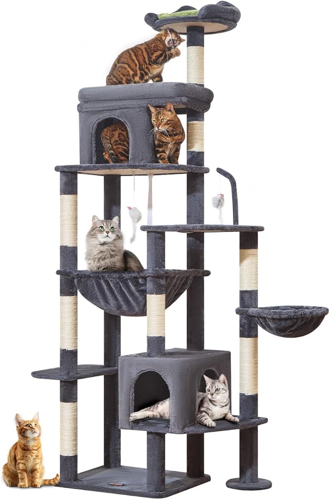 Taoqimiao MS032G 83In Cat Tree for Indoor Cats Large Adult, XXL-Cat Tower, Suitable 20lb+ Heavy Duty Large Cats, 2 Luxurious Cat Cando with 8 Scratching Posts,Oversized Metal Hammocks,Smoke Gray