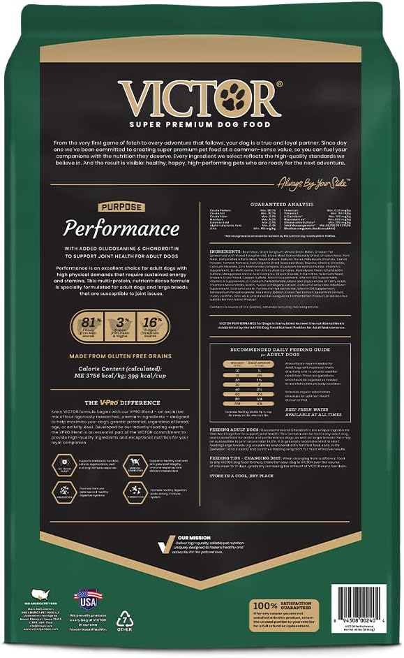 VICTOR Super Premium Dog Food – Performance Dry Dog Food from Beef, Chicken and Pork Meal – 26% Protein for Active Adult Dogs – Includes Glucosamine and Chondroitin for Hip and Joint Health, 40lbs