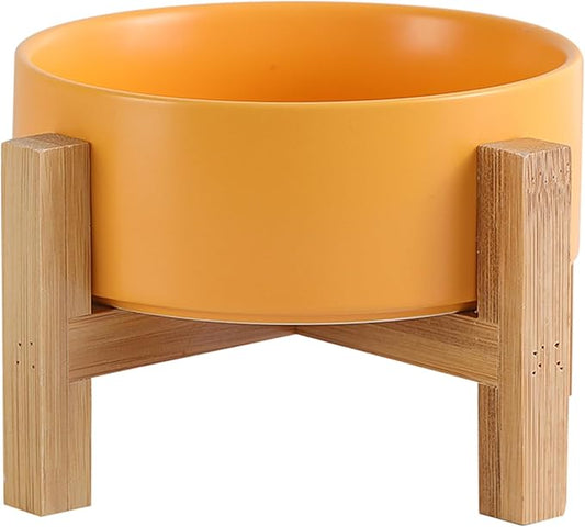 Elevated Ceramic Cat Bowl - Cat Food Bowl with Bamboo Stand - Raised Dog Dish for Puppies - Anti Vomiting, Stress Free - 13.5 oz / 400 ml - Yellow