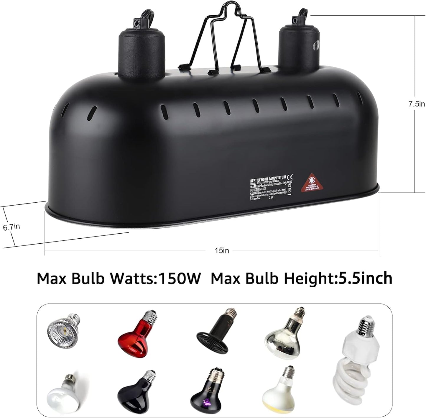 DXOPHIEX 15inch Dual Reptile Light Fixture, Max 150W Dual Reptile Heat Lamp with Separate Switches, Double Dome Lamp UVB Light Fixture for Bearded Dragon, Turtles, Snake and Lizard Terrarium