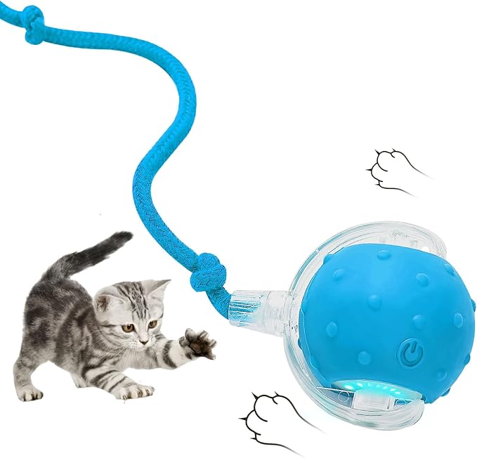 Electric Interactive Cat Toy Ball - Automatic Rolling Silicone Cat Toys for Indoor Cats, Durable Chew-Proof Motorized Kitty Ball with LED Light, Fun Exercise Toys for Bored Kittens（Blue）