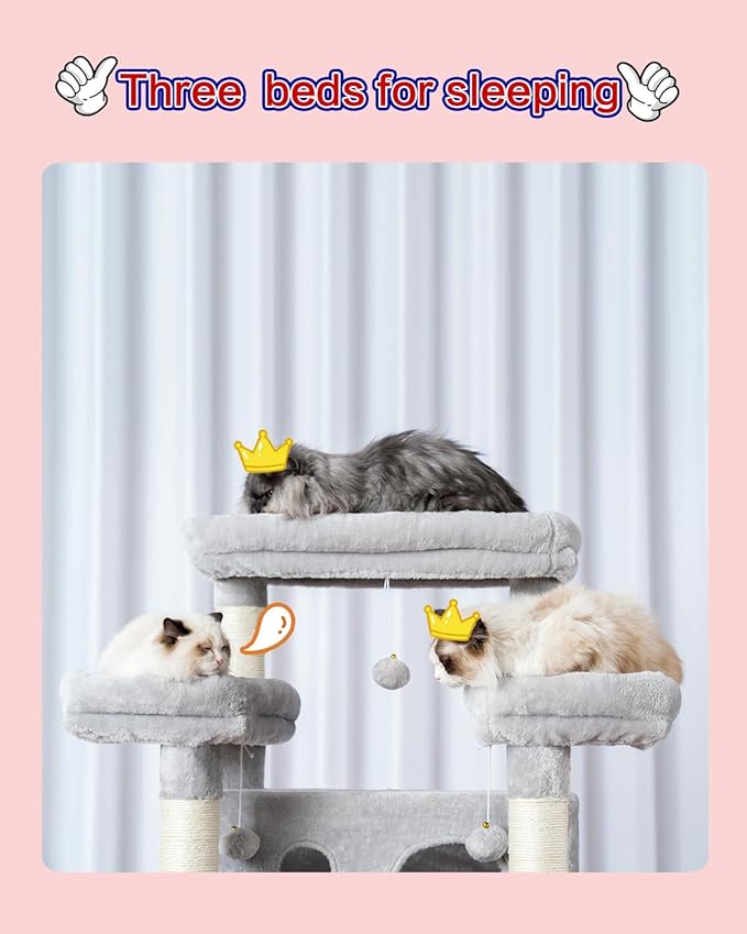 Cat Tree for Indoor Cats Large Adult, 74" Cat Tower with 3 Big Platforms, 2 Baskets, 2 Condos, Multi-Level Cat Scratching Posts, Light Gray GCT030W