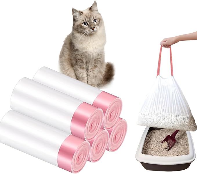 100 Counts Cat Litter Box Liners, 27" x 15" Drawstring Bags for Kitty Litter Pan Receptacles, One Step Cleaning, Heavy Duty, Extra Thick & Tear Resistant (Small Size / 100 Counts)