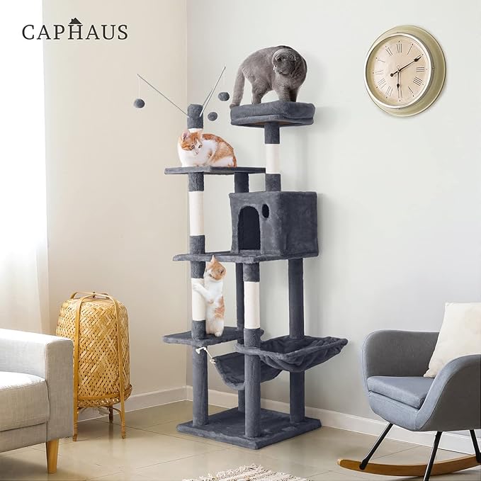 CAPHAUS Tall Cat Tree for Indoor Cats, Modern Cute 70-Inch Climbing Play Tower with Top Perch Large Cats Kittens, Multi-Level Activity w Scratching Posts, Hammock, Cave Condo, Smoky Grey