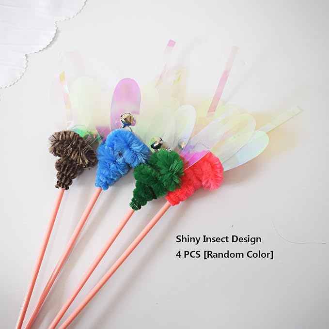 Cat Wand Toy, 4 PCS Insect Kitty Wands Colorful Cat Teaser Wands Interactive Kitten Toys with Bell